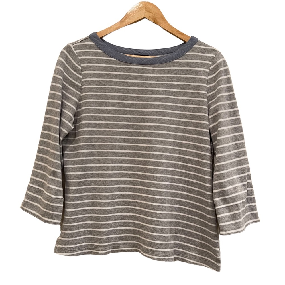 Nautica Women's 3/4 Cuff Sleeve Gray White Striped Shirt Round Neck, Size Large